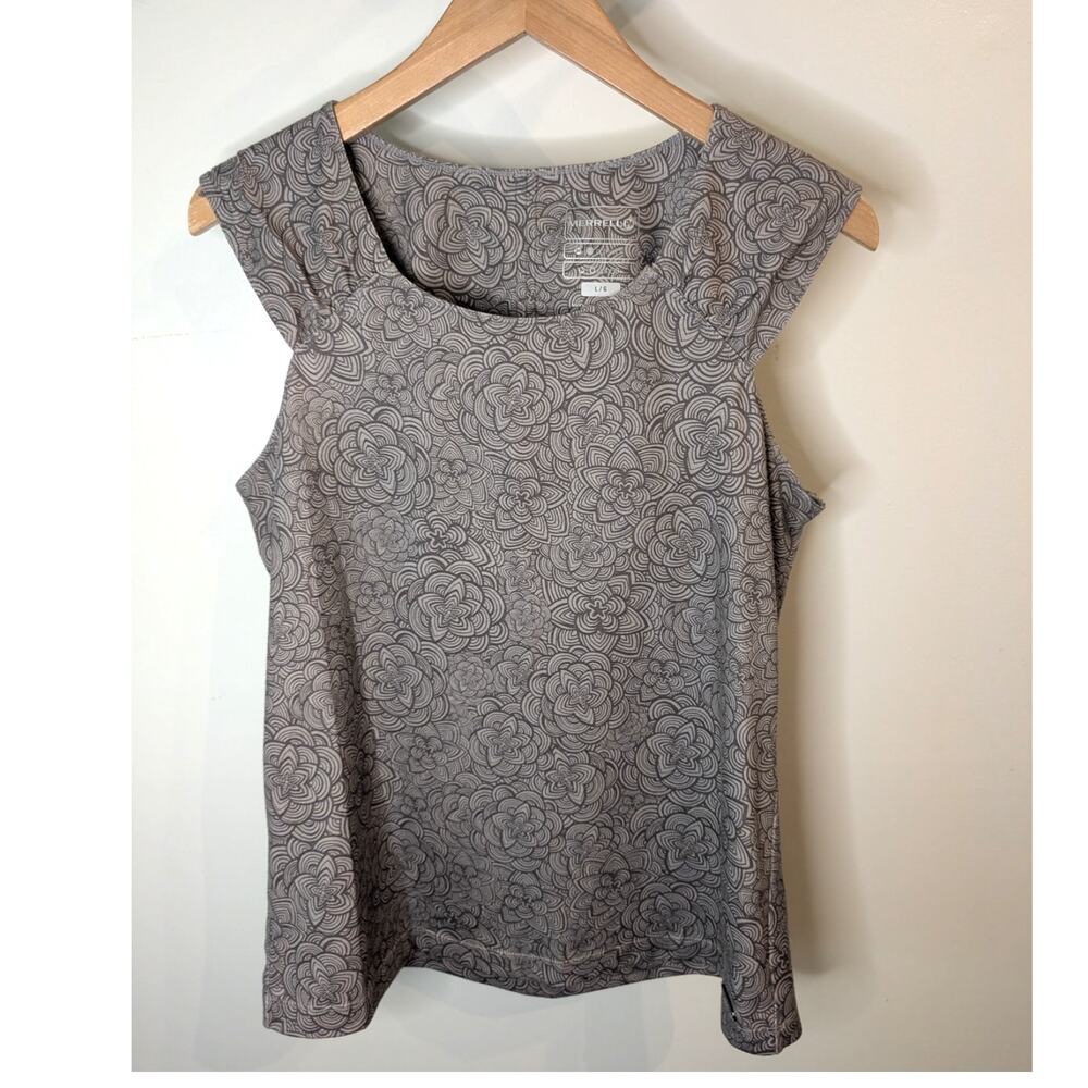 Merrell Opti-Wick UPF 50+ Floral Print Active Top Open Back Large Gray